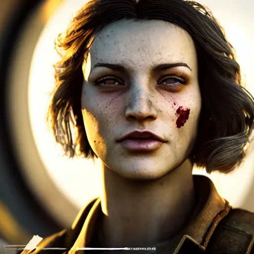 Image similar to fallout 5, charismatic beautiful rugged brunette female protagonist, portrait, outdoors in front of the entrance of vault 1 5 6, atmospheric lighting, painted, intricate, volumetric lighting, beautiful, daytime, sunny weather, slight overcast, sharp focus, deep colours, ultra detailed, by leesha hannigan, ross tran, thierry doizon, kai carpenter, ignacio fernandez rios