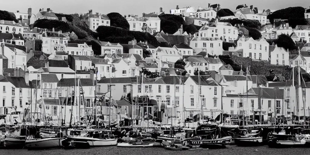Prompt: a photograph of St Peter Port, Channel Islands, small houses, crowds, high contrast, black and white, by bill brandt