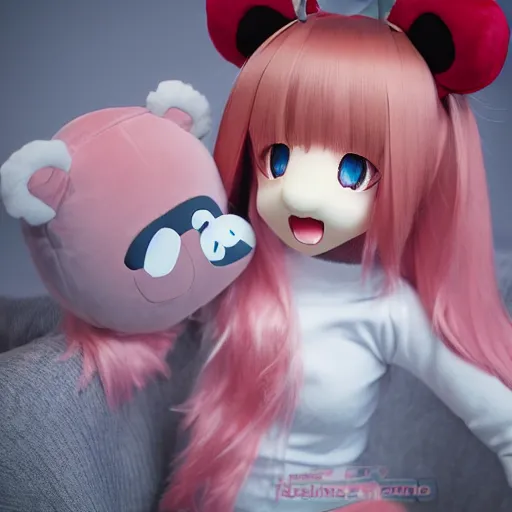 Prompt: cute fumo plush of a beargirl, anime girl, vray