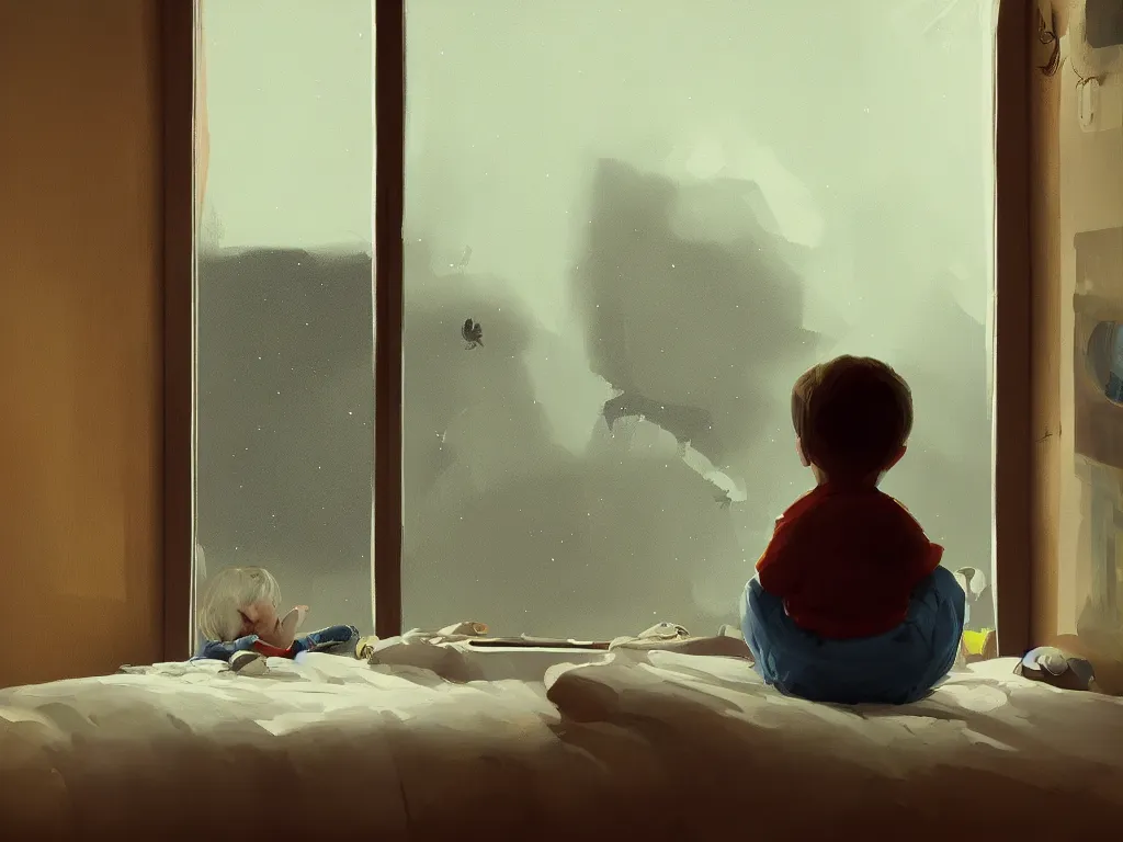 Image similar to a contemporary painting of a little boy sits in his bed and looks through the window into the night sky in a painting from stalenhag 4 k 8 k hdr artstation concept art