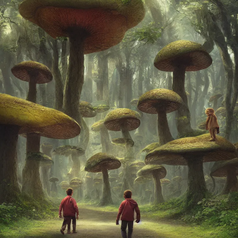 Image similar to a painting of a man and a child walking through a huge mushroom forest, a detailed matte painting by julian allen, cgsociety, fantasy art, matte painting, concept art, daz 3 d