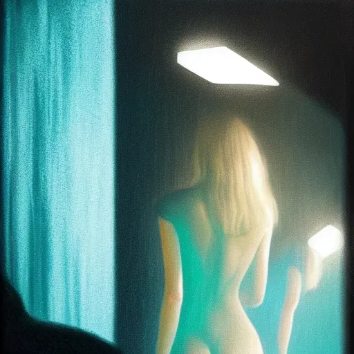 Prompt: silhouette of a Elle Fanning gazing in a mirror, pitch black room, extremely detailed masterpiece, oil on canvas, realist, low-key neon lighting, artstation, Blade Runner 2049, Roger Deakin’s cinematography, by Ali Cavanaugh,