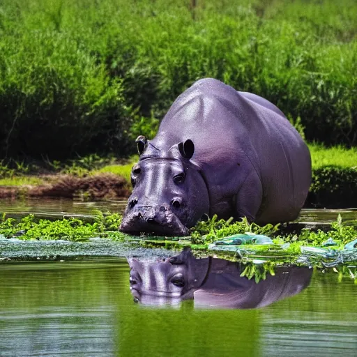 Image similar to A high quality photo of a hippo in a pond, 4k, detailed, focus on the hippo