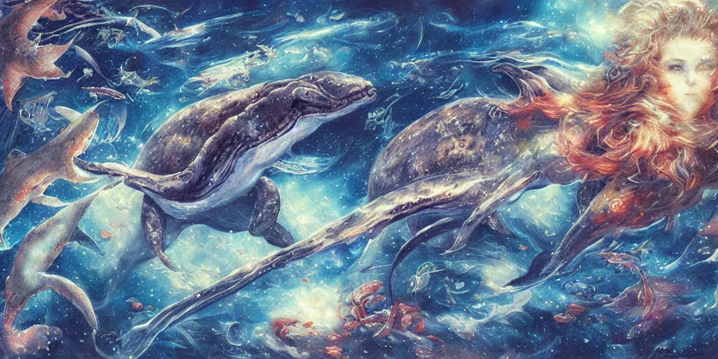 Image similar to detailed painting of aquatic animals swimming in space, whales, turtles, sting rays, colorful nebulas, planets, in the style of ayami kojima, artem demura