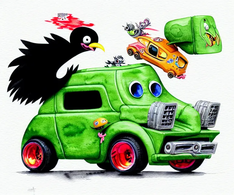 Image similar to cute and funny, black chicken wearing goggles driving a tiny hot rod with an oversized engine, ratfink style by ed roth, centered award winning watercolor pen illustration, isometric illustration by chihiro iwasaki, edited by craola, tiny details by artgerm and watercolor girl, symmetrically isometrically centered