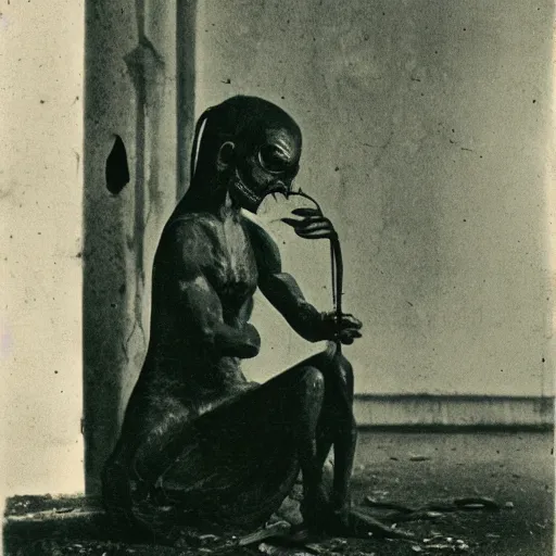 Image similar to 1830 photo of an ancient demon-girl devouring his own soul on an abandoned hospital, spooky