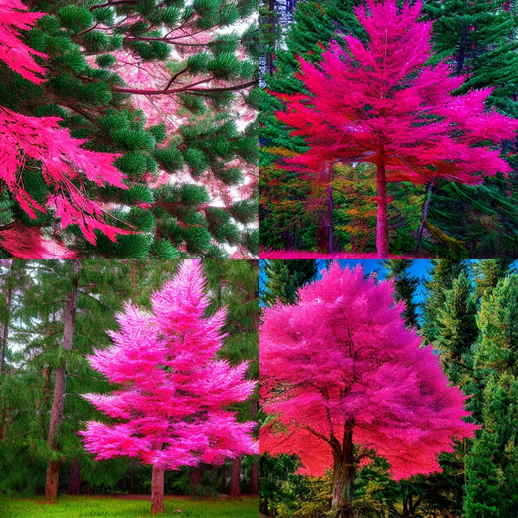Prompt: A pine tree with pink leaves, saturated photograph 4k realistic high quality