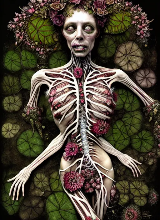 Image similar to beautiful and detailed rotten woman corpse with fractal plants and fractal flowers growing around, muscles, veins, arteries, intricate, organs, ornate, surreal, ray caesar, john constable, guy denning, dan hillier