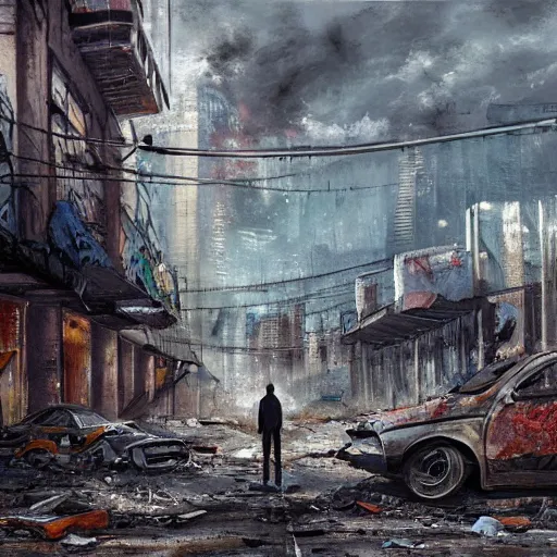 Image similar to a lone wanderer in a dystopian city with lots of debris, cars, and fires, extremely detailed painting