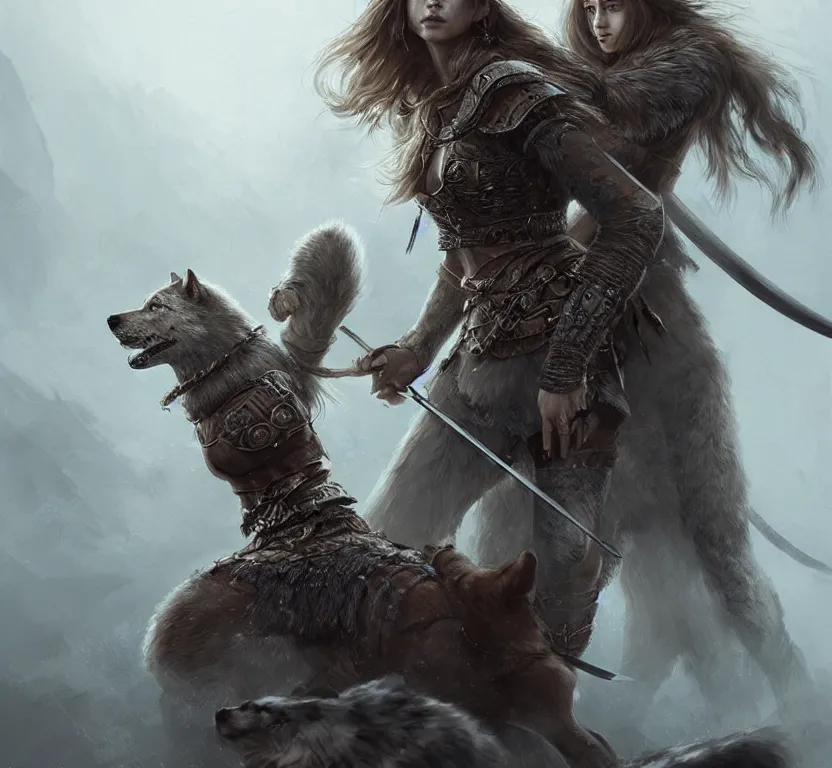 Prompt: a gorgeous!! woman resembling alicia vikander as a battle - worn viking warrior accompanied by a dire wolf | drawn by wlop, drawn by jeehyung lee, drawn by argerm | intricate, highly detailed, ultra graphics, digital painting, artstation