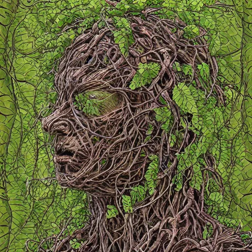 Prompt: 'straggled humanoid amalgamation of leaves and plants, face made of vines, swamp thing, detailed portrait, intricate complexity, Dan Mumford, quixel megascan' H 768