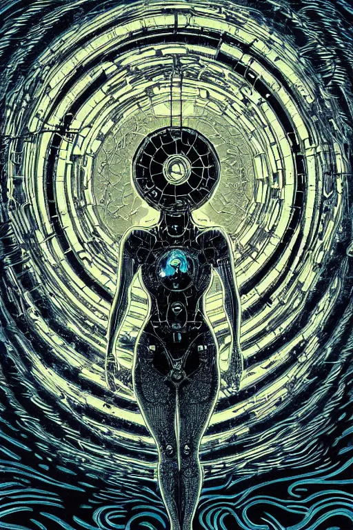 Prompt: dreamy portal in the center of the lake, abstract black oil, gear mecha, beautiful woman body, detailed acrylic, grunge, intricate complexity, by dan mumford and by alberto giacometti, m. c. escher