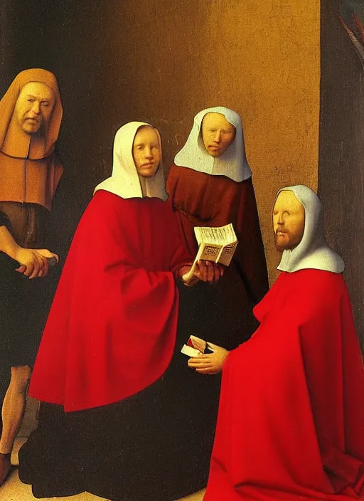 Image similar to angels dressed in red reading the bible and arguing in Tuscany by Jan van Eyck, Hieronymus Bosch, Johannes Vermeer 4k post-processing, highly detailed medieval painting