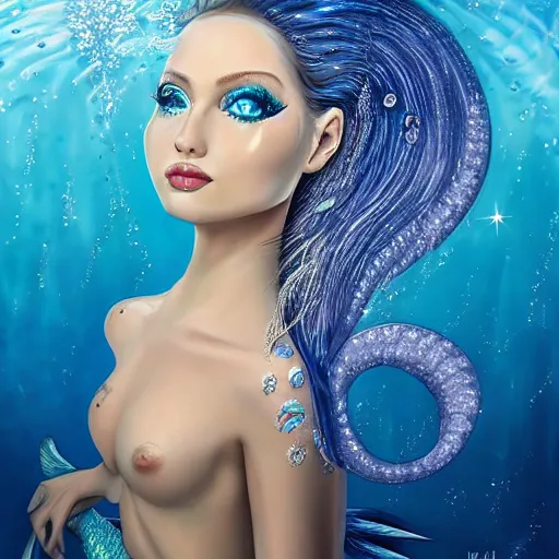 Image similar to an extremely realistic portrait of a fantastic real mermaid with an ultra perfect and ultra detailed wild face with beautiful, ultra detailed wild blue eyes a fantastic crown of diamons and a diamond dust glitter and sparkles tail, swimming in a beautiful blue ocean