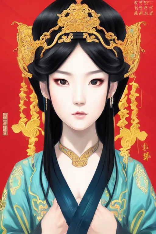 Image similar to a lovely and shiny young empress of qing dynasty, face by artgerm, ross tran, fuji choko, loish, 8 k resolution, attractive, symmetrical portrait, beautifully detailed landscape of ruin, trending on pixiv and pinterest, charming black eyes, luxury, perfect face, smooth, dreamlike