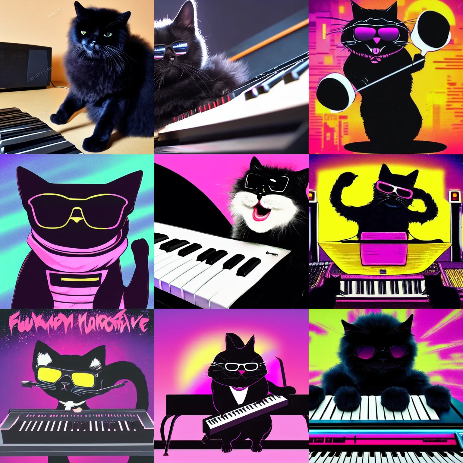 Prompt: the fluffiest black cat in the entire universe, wearing sunglasses, playing a keyboard, synthwave style