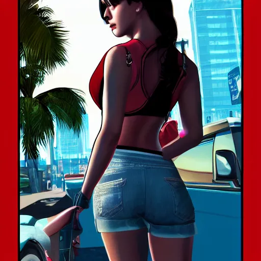 Image similar to high quality high detail girl in the style of gta 5 cover art, photorealistic lighting