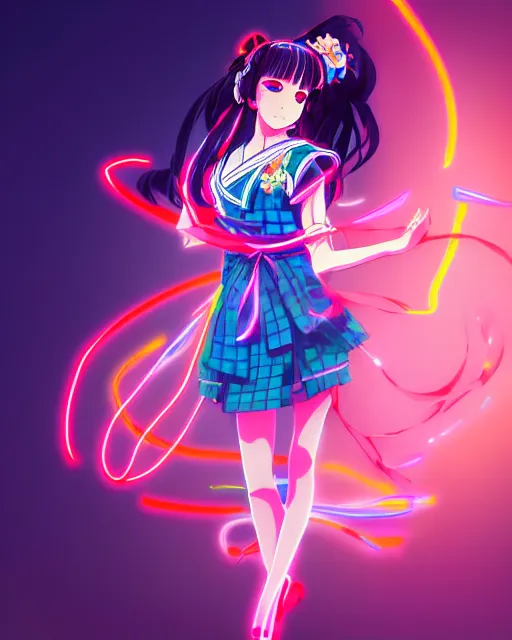 Prompt: anime style, vivid, expressive, full body, 4 k, painting, a cute magical girl idol with a long wavy hair wearing a kimono outfit, correct proportions, stunning, realistic light and shadow effects, neon lights, studio ghibly makoto shinkai yuji yamaguchi