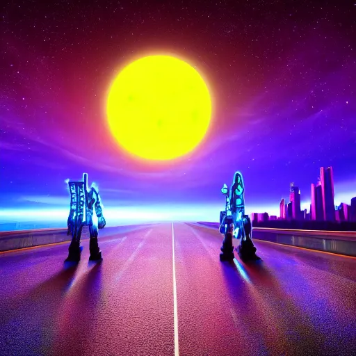 Image similar to neon sci - fi city, futuristic, neon colours, high saturation, high def, 8 k, hd, two moons on night sky,