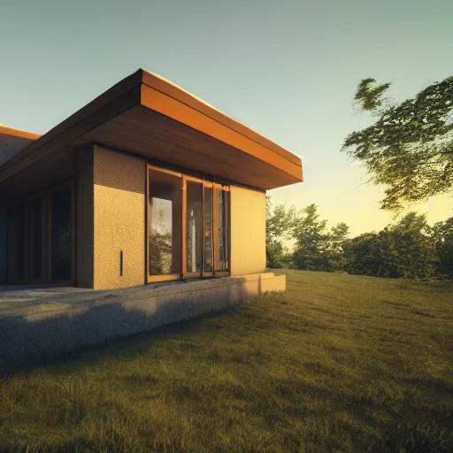 Image similar to a detailed photo of a house in the woods, designed by le corbusier, beautiful sunset, photorealistic, hyperrealistic, octane render