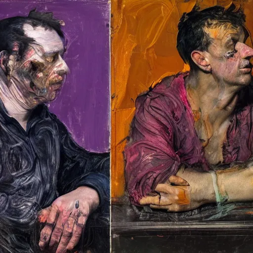 Image similar to high quality high detail expressionist painting of two men at a bar by nicola samori and lucian freud and jenny saville and norman rockwell and francis bacon and edvard munch, hd, anxiety, turquoise and purple and orange and pink