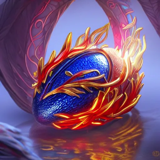 Image similar to an elaborate glowing red and blue dragon egg emerging from the blossom of a metallic gold flower with tendrils of gold wrapping around the egg, fantasy concept art