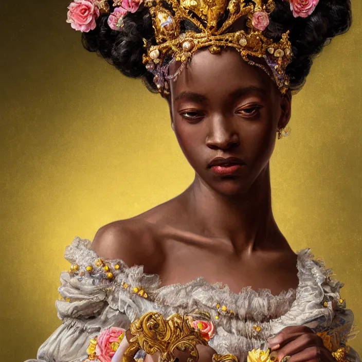 Prompt: highly detailed venetian rococo portrait of a black princess wearing a crown, golden jewels, pastel flowery background, 8 k, realism, volumetric lighting, flowers, fantasy, realistic, symmetrical face, digital illustration, art by krenz cushart, alphonse mucha, kehinde wiley, artem demura