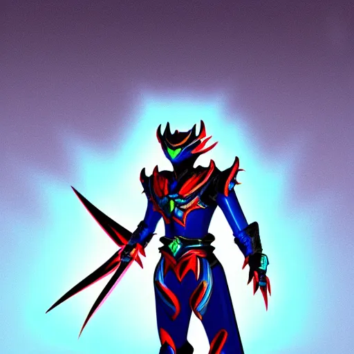 Image similar to dragon inspired High Fantasy Kamen Rider, blue with red secondary color, 4k, glowing eyes, daytime, black rubber undersuit