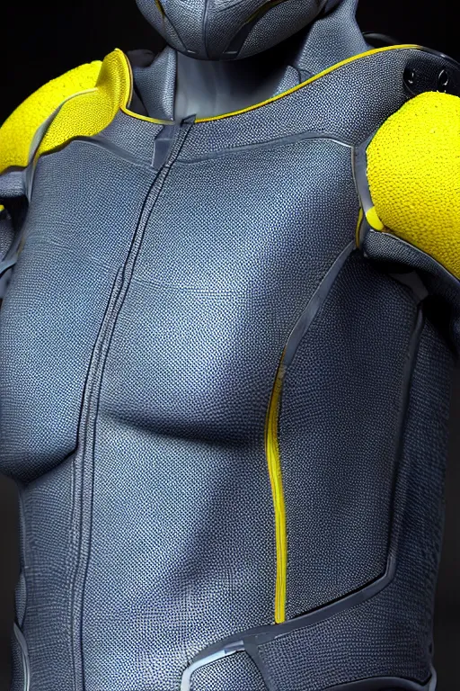 Prompt: cyborg wearing the jacket of the future. ultra technological jacket. techwear. detailed. ultra realistic. octane render. studio illumination. rainy. blue, matte grey and yellow colors.