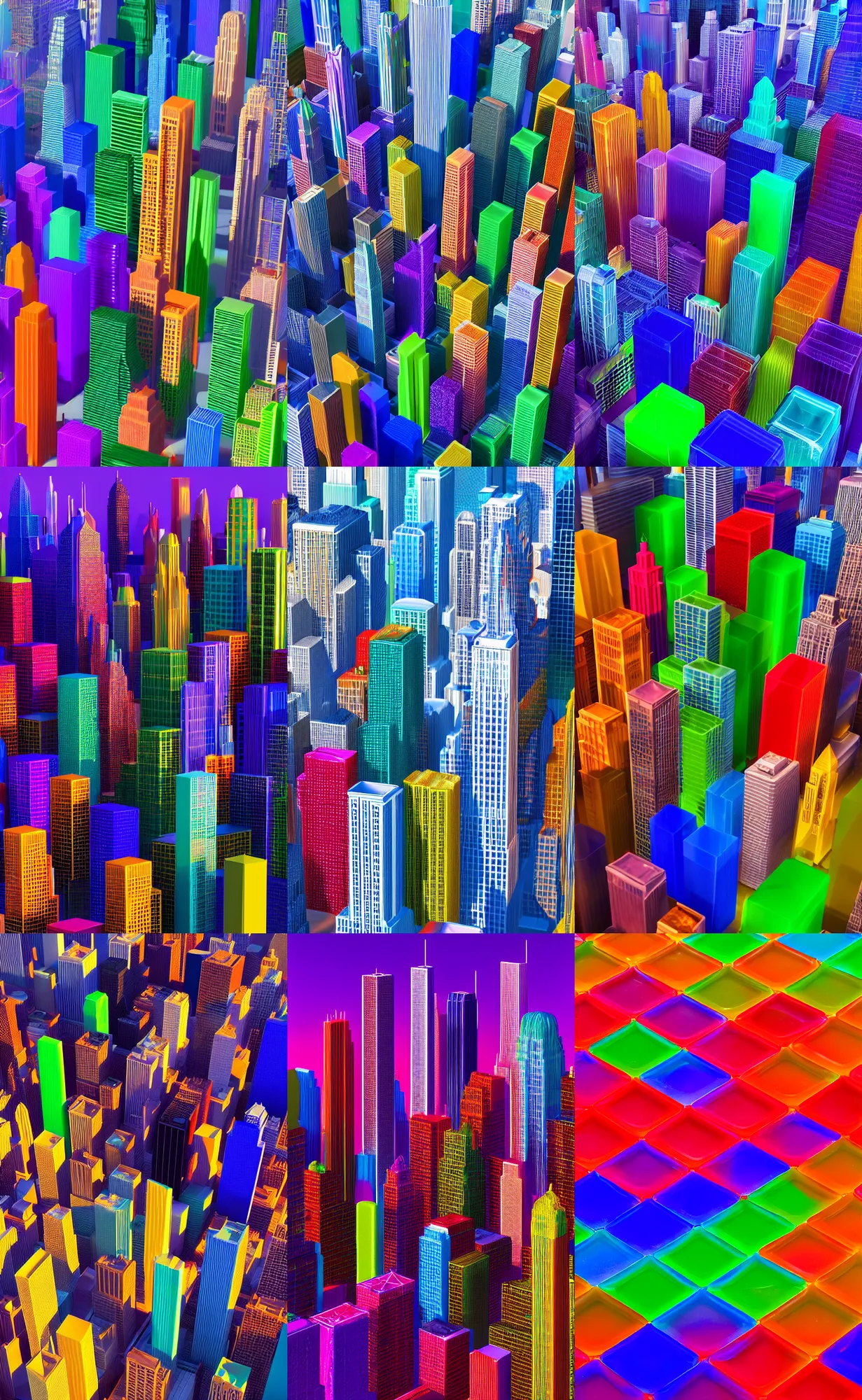 Prompt: colorful translucent jello gelatin shaped like chicago skyscrapers, aerial photography, vibrant colors, canon 1 - dx, shallow depth of field, tilt shift, dramatic lighting, smooth surfaces, photorealistic, unreal engine render, octane render, 8 k