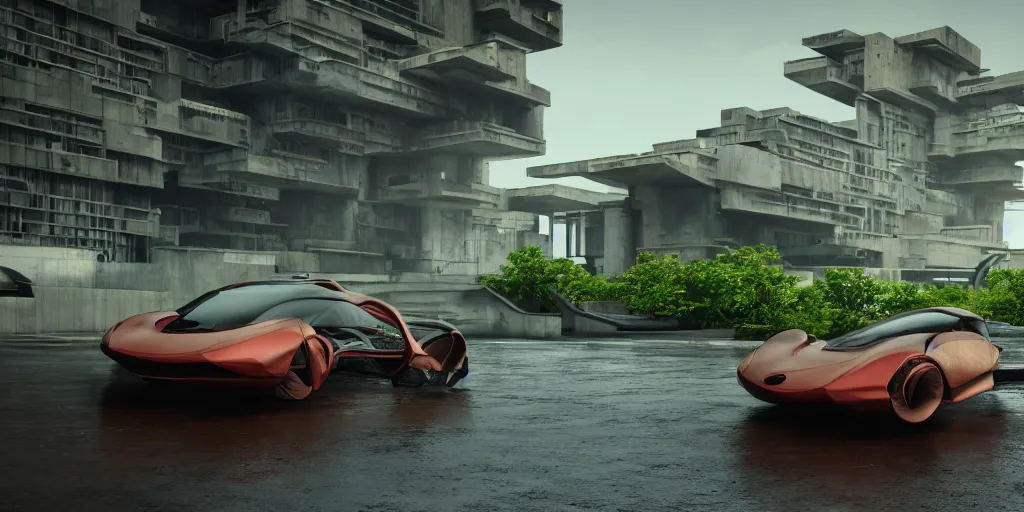 Image similar to highly detailed futuristic car, on the background brutalist architecture by Le Corbusier, abandoned buildings, empty streetscapes, surrounded by lush green vegetation, ground-level view, puddles of water, stunning volumetric lighting, sunset, trending on Artstation, 8k, photorealistic, hyper detailed, unreal engine 5, cinematic, epic lighting, cryengine, octane render, cyberpunk, red and orange glow, dark, gloomy