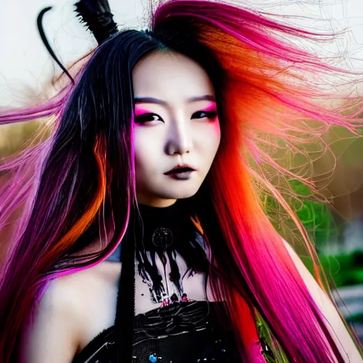 Prompt: a beautiful portrait photo of a very beautiful young Chinese female model wearing cybergothic clothing, bright coloured streaks of hair, messy untidy hair, cute smile, beautiful detailed eyes, golden hour in Beijing, outdoors, professional award winning portrait photography, Zeiss 150mm f/2.8 Hasselblad