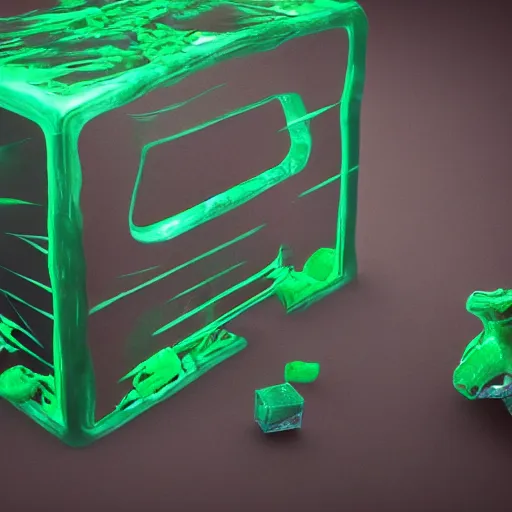 Image similar to a gelatinous cube from dnd with bones floating in it, translucent green slime cube filled with bones, 3d render, unreal engine, volumetric lighting, artstation