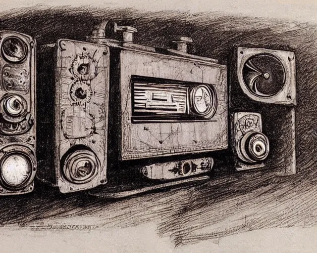 Image similar to steampunk mechanical electrical television set sketch by leonardo da vinci