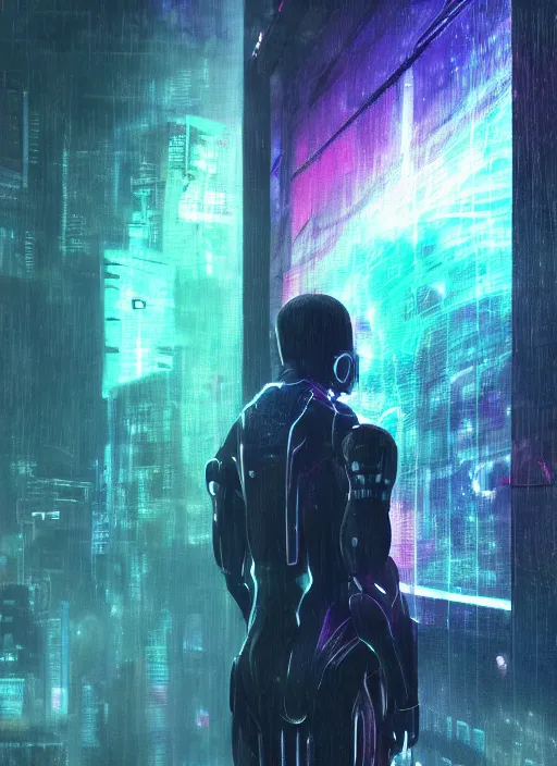 Image similar to one cyber godly person made of cosmic nebula galaxy energy watching a rainy colorful dark complex cyberpunk futuristic city from behind at night through a window in a room, reflections, high contrast, 8 k, photorealistic, concept art, wet, highly detailed, cinematic mood by ridley scott, ghost in the shell, trending on artstation, glowing lights, sharp focus, epic