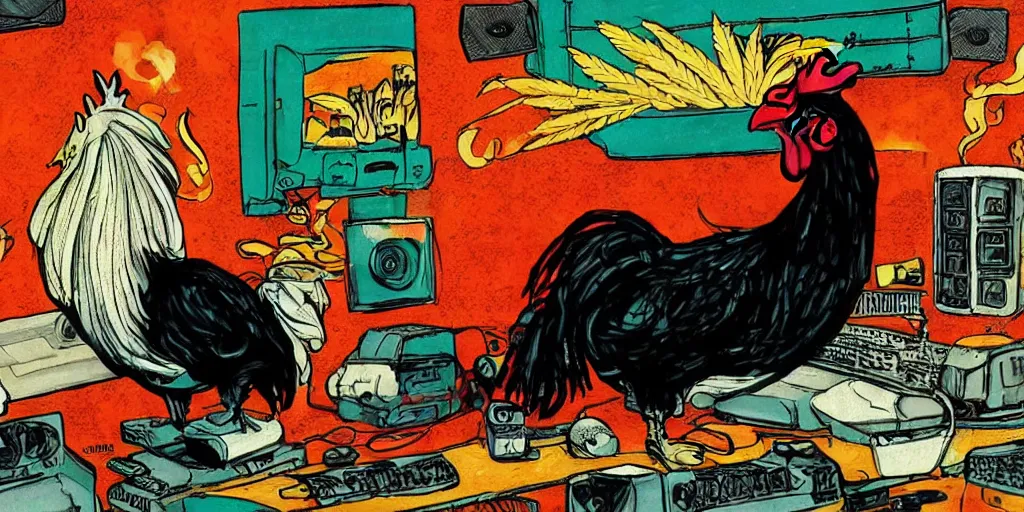 Image similar to 'black rooster'!!! smoking 'cannabis'!!!!!! in front of 'audio console'!!!! and 'multi monitors and projectors'!!!! 'in a hi-tech tv broadcasting studio with red camera rig'!!!!, artwork by James Gilleard