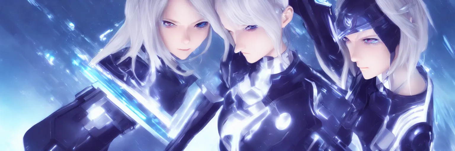 Image similar to high school girl shattered dimensions, futuristic, medieval, cyberpunk, azure blue eyes, silver hair, digital anime art, wlop, sakimimichan, ilya kuvshinov, artgerm