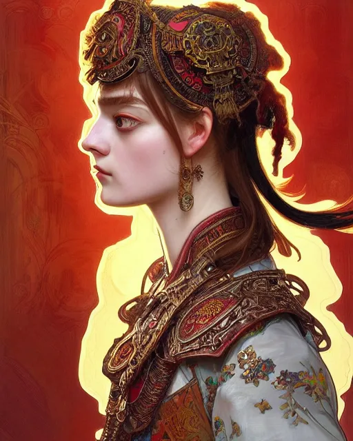 Prompt: portrait of a turkish masculine female sadie sink cyberpunk machine, machine face, upper half portrait, decorated with ottoman opera motifs, muscular, asian, fine china, wuxia, traditional chinese art, intricate intense elegant, highly detailed symmetry headpiece digital painting artstation concept art smooth sharp focus illustration, art by artgerm and greg rutkowski alphonse mucha 8 k