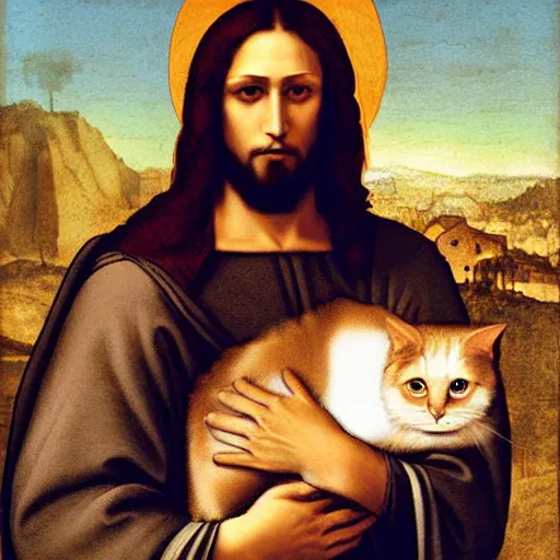 Prompt: portrait of jesus holding a cute furry cat, digital art, by leonardo da vinci