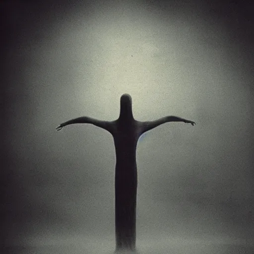 Prompt: vintage photography of realistic faceless beast-god with many long arms, a huge body covered with deep furs by Zdzisław Beksiński, odd eye, dark fantasy, asymmetry, blur, haze, fog, vignetting, platinum printing