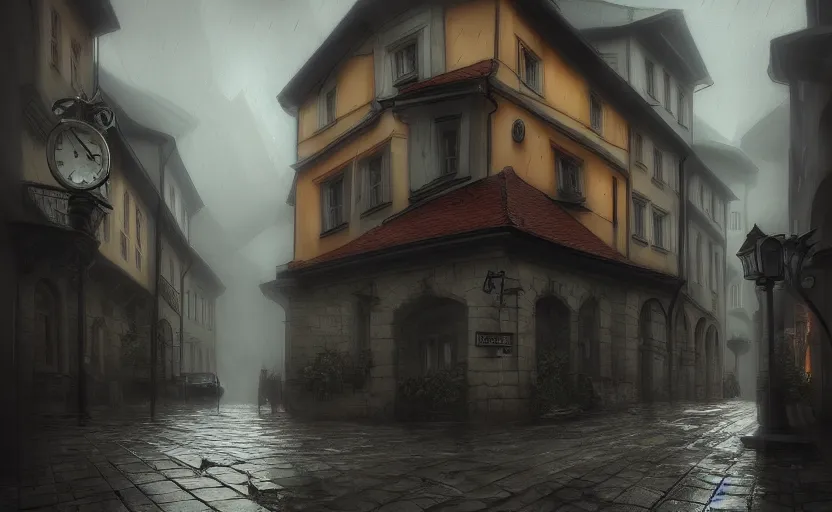 Image similar to extreme long shot concept art depicted rainy old austrian town, dramatic mood, deep environment, art by legends of runeterra and michelangelo buonarotti, trending on artstation, unreal engine
