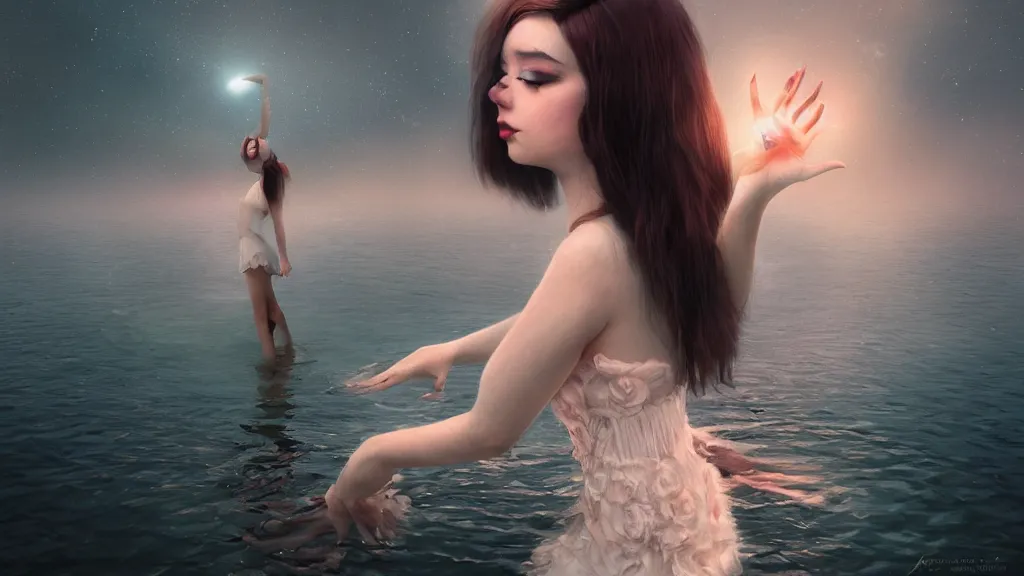 Image similar to whimsical, a beautiful whimsical woman, wearing professional makeup, standing in a lake, raising an arm, under a binary black hole with a ring, by Ilya Kuvshinov, by Tom Bagshaw, by artgerm, by Studio Ghibli, face enhance, volumetric lighting, 4k resolution, octane render, trending on artstation