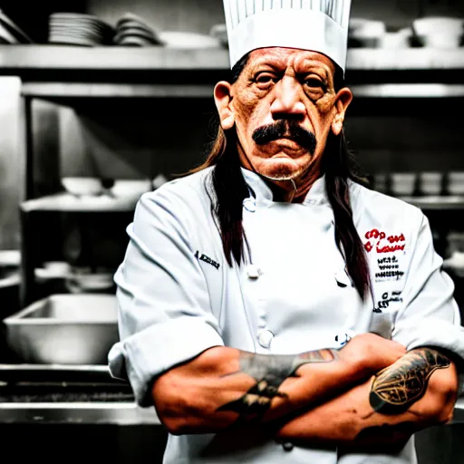 Image similar to photo of danny trejo working as a pastry chef, 8 k, 5 2 mm f 1. 8