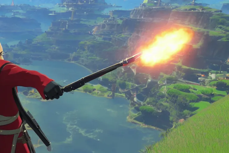 Image similar to hitman agent 4 7 holding master sword in botw, breath of the wild screenshot