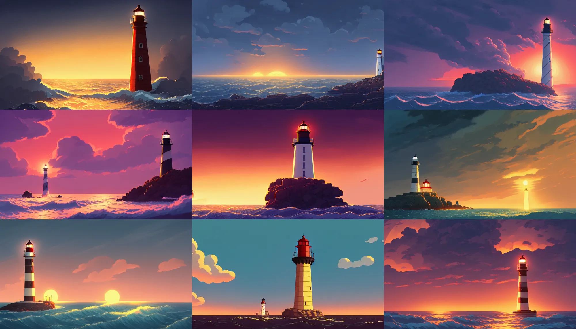 Prompt: lighthouse during a storm at sunset, artstation, elegant, highly detailed, digital painting, concept art, smooth, sharp focus, illustration, art by studio ghibli, fujita goro, atey ghailan, tom whalen, jean giraud 8 k