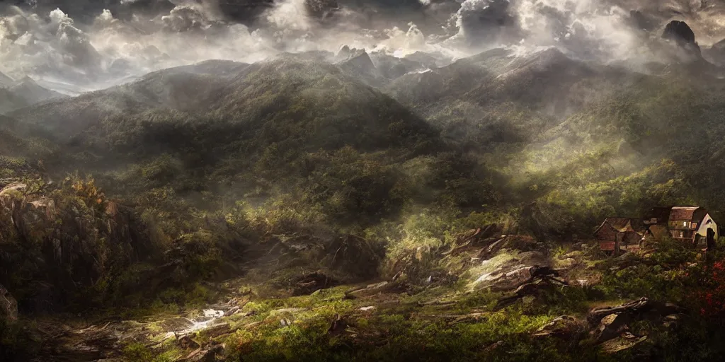 Prompt: appalachian mountain landscape, matte painting by andreas franke