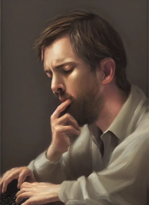 Image similar to insanely detailed chiaroscuro image of a sleepy - looking programmer guy on his knees in front of his glowing ultrawide monitor begging for forgiveness, oil on canvas, masterwork, fine detail, trending on artstation, emotive, insanely compelling, ryden, koons, moebius