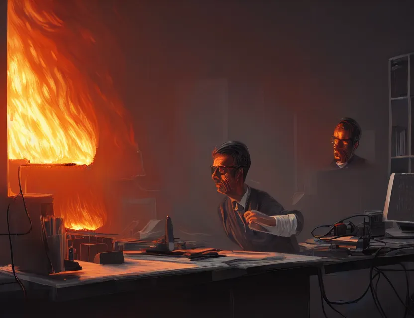 Image similar to a man works at a workstation in a very big office with burning fires, close up, featured in artstation, intricate, ultra detailed, unreal engine, concept art, wide - angle lens, sharp focus, illustration, 8 k