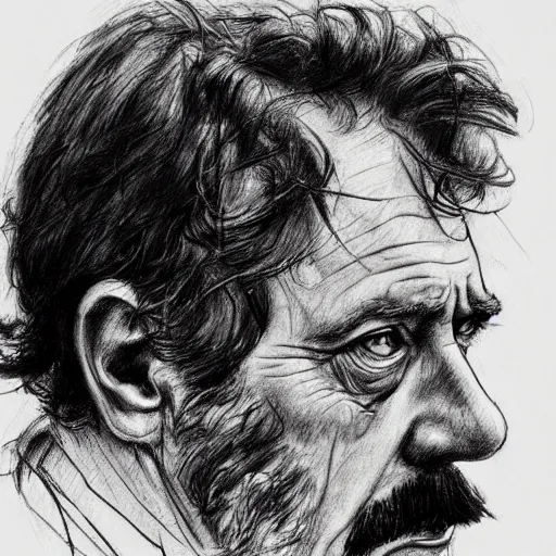 Prompt: a realistic yet scraggly portrait sketch of the side profile of a stern and sophisticated hugh laurie, trending on artstation, intricate details, in the style of frank auerbach, in the style of sergio aragones, in the style of martin ansin, in the style of david aja, in the style of mattias adolfsson