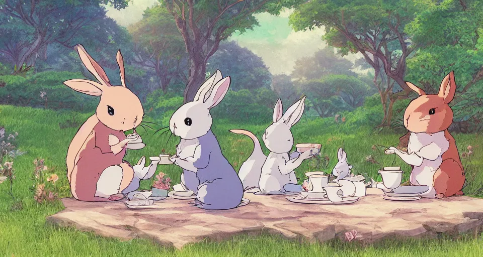 Prompt: 3 bunnies having a tea party, by studio ghibli, makoto shinkai, beautiful nature illustration